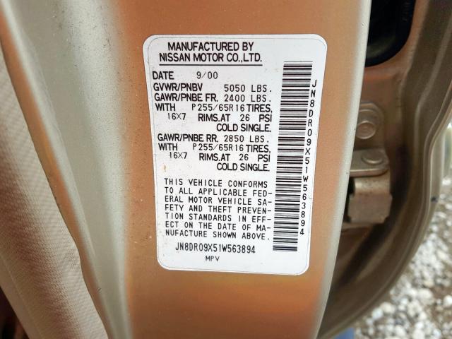 JN8DR09X51W563894 - 2001 NISSAN PATHFINDER LE  ფოტო 10