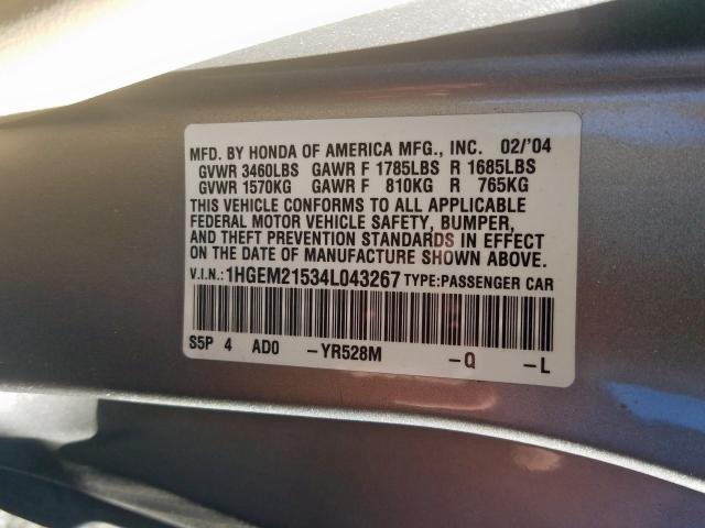 1HGEM21534L043267 - 2004 HONDA CIVIC LX  photo 10