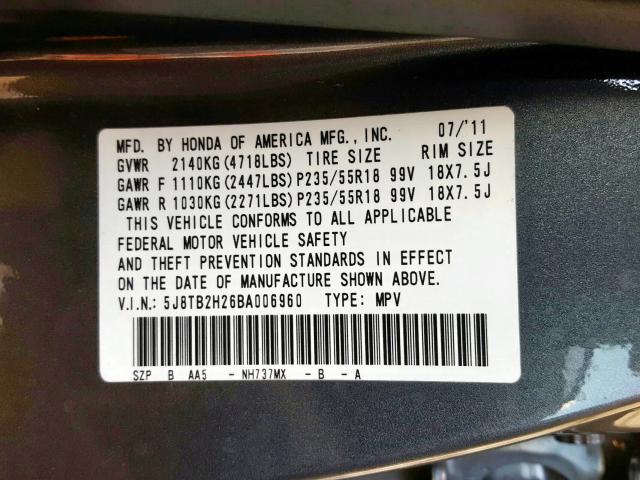 5J8TB2H26BA006960 - 2011 ACURA RDX  photo 10