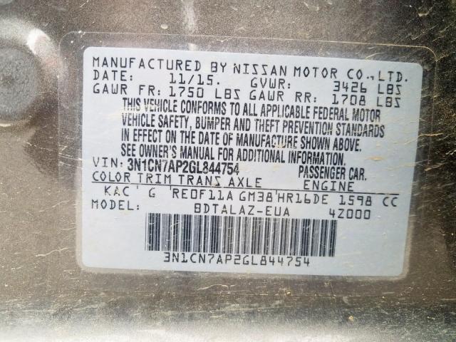 3N1CN7AP2GL844754 - 2016 NISSAN VERSA S  photo 10