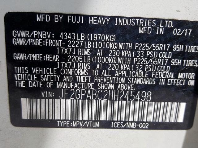 JF2GPABC2HH245498 - 2017 SUBARU CROSSTREK PREMIUM  ფოტო 10