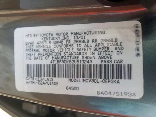 4T1BF30K82U510243 - 2002 TOYOTA CAMRY LE  photo 10