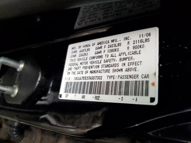 19UUA75537A007302 - 2007 ACURA TL TYPE S  photo 10