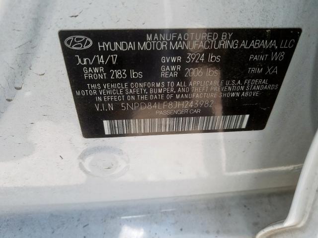 5NPD84LF8JH243982 - 2018 HYUNDAI ELANTRA SEL  photo 10