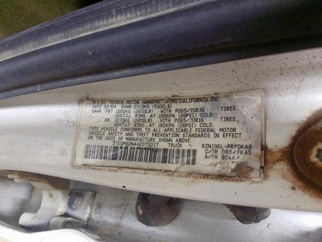 5TEGM92N44Z375217 - 2004 TOYOTA TACOMA DOUBLE CAB PRERUNNER  photo 10