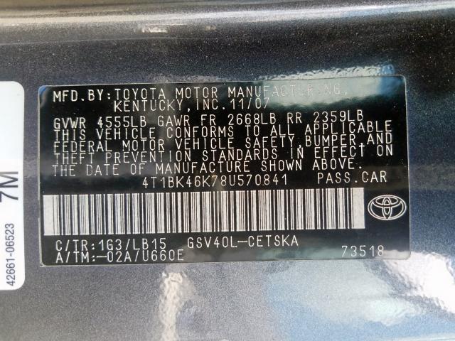 4T1BK46K78U570841 - 2008 TOYOTA CAMRY LE  photo 10