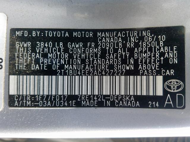 2T1BU4EE2AC427227 - 2010 TOYOTA COROLLA BASE  照片 10