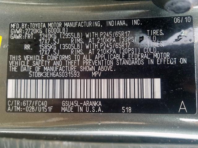 5TDBK3EH6AS031593 - 2010 TOYOTA HIGHLANDER  photo 10