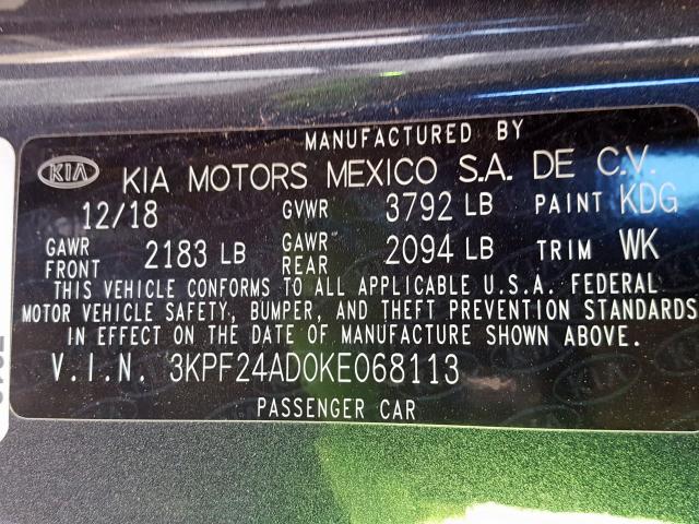 3KPF24AD0KE068113 - 2019 KIA FORTE FE  photo 10