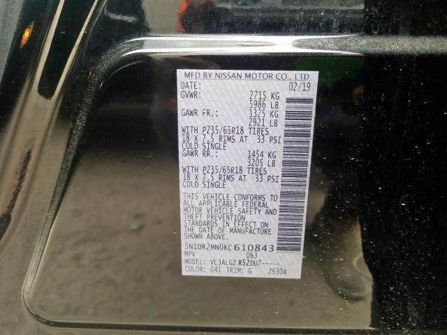 5N1DR2MN0KC610843 - 2019 NISSAN PATHFINDER S  photo 10
