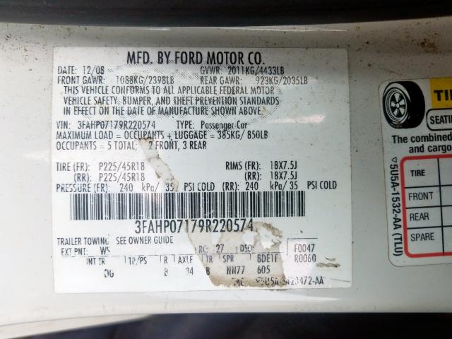 3FAHP07179R220574 - 2009 FORD FUSION SE  photo 10