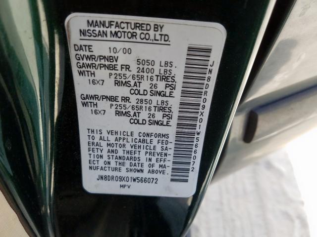 JN8DR09X01W566072 - 2001 NISSAN PATHFINDER LE  ფოტო 10