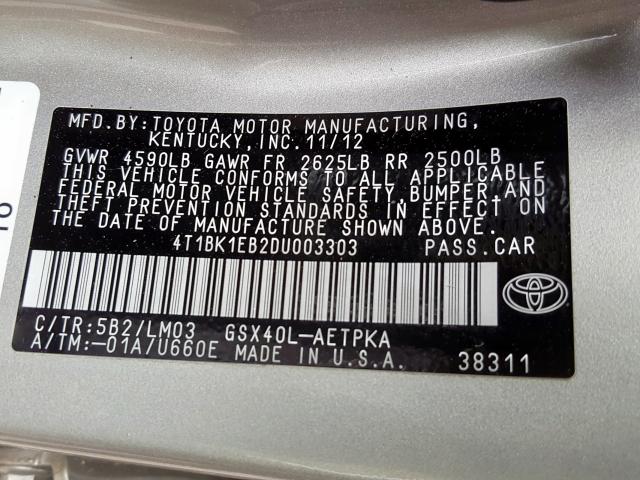 4T1BK1EB2DU003303 - 2013 TOYOTA AVALON BASE  照片 10