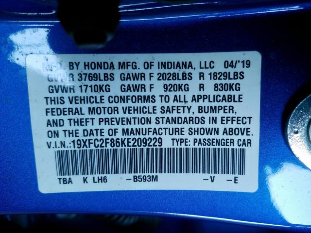19XFC2F86KE209229 - 2019 HONDA CIVIC SPORT  照片 10