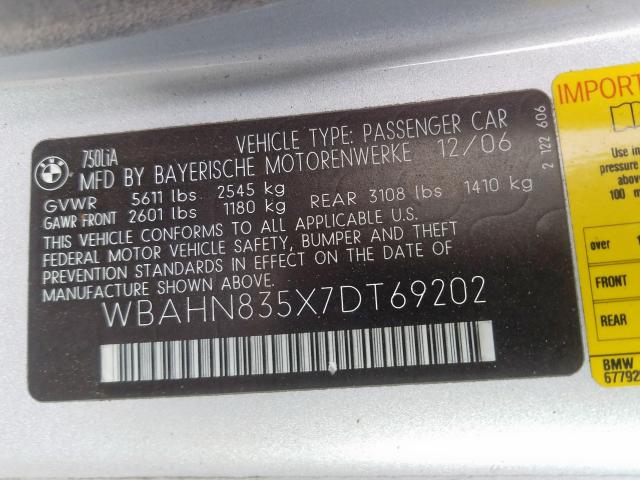 WBAHN835X7DT69202 - 2007 BMW 750  photo 10