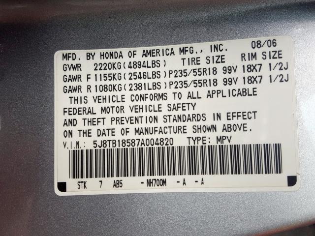 5J8TB18587A004820 - 2007 ACURA RDX TECHNOLOGY  photo 10