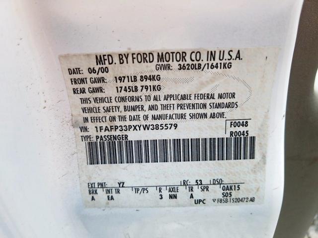 1FAFP33PXYW385579 - 2000 FORD FOCUS LX  photo 10