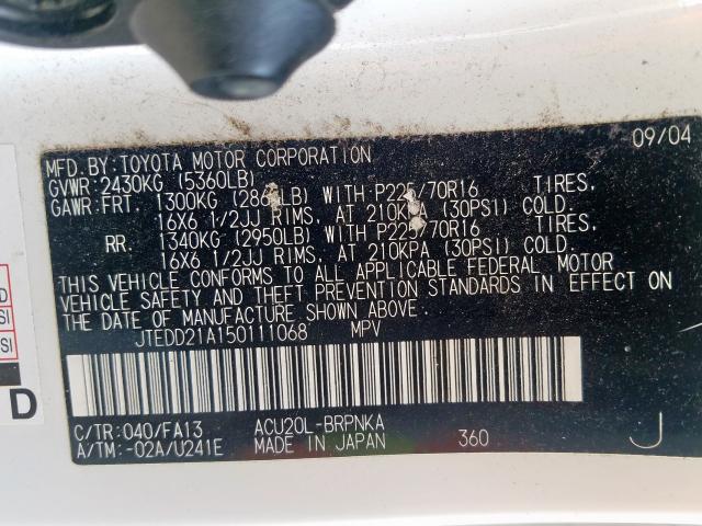 JTEDD21A150111068 - 2005 TOYOTA HIGHLANDER  photo 10