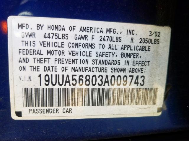 19UUA56803A009743 - 2003 ACURA 3.2TL TYPE-S  photo 10