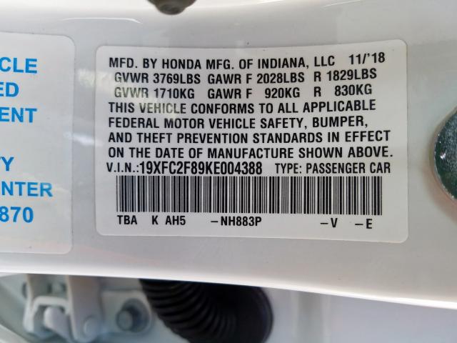 19XFC2F89KE004388 - 2019 HONDA CIVIC SPORT  photo 10