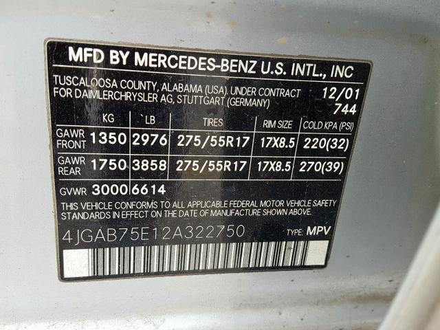 4JGAB75E12A322750 - 2002 MERCEDES-BENZ ML 500  photo 10