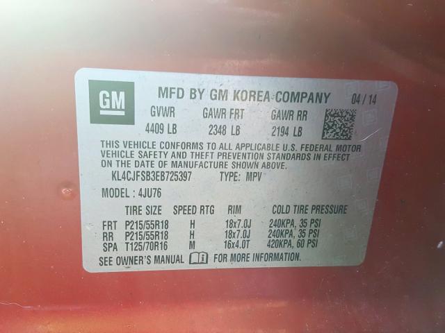 KL4CJFSB3EB725397 - 2014 BUICK ENCORE CONVENIENCE  照片 10