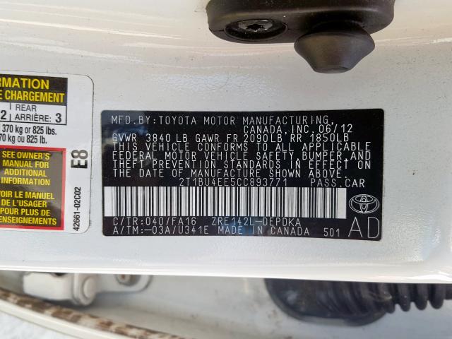 2T1BU4EE5CC893771 - 2012 TOYOTA COROLLA BASE  照片 10