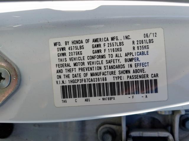 1HGCP3F87CA039188 - 2012 HONDA ACCORD EXL  photo 10