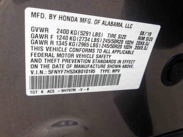 5FNYF7H53KB010195 - 2019 HONDA PASSPORT EXL  صورة 10