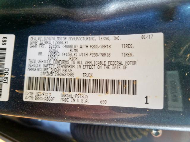 5TFDW5F19HX621205 - 2017 TOYOTA TUNDRA CREWMAX SR5  photo 10