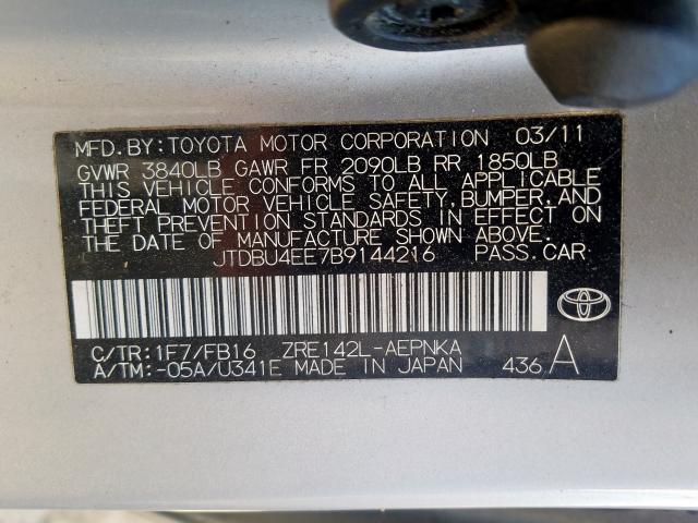 JTDBU4EE7B9144216 - 2011 TOYOTA COROLLA BASE  صورة 10