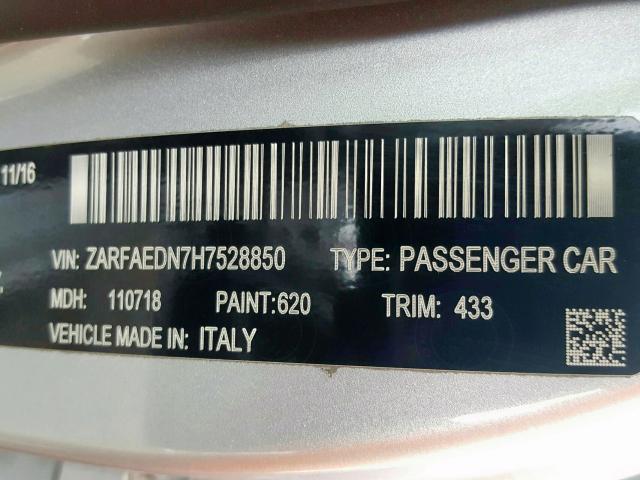 ZARFAEDN7H7528850 - 2017 ALFA ROMEO GIULIA Q4  photo 10