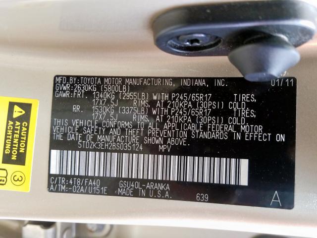 5TDZK3EH2BS035124 - 2011 TOYOTA HIGHLANDER BASE  صورة 10