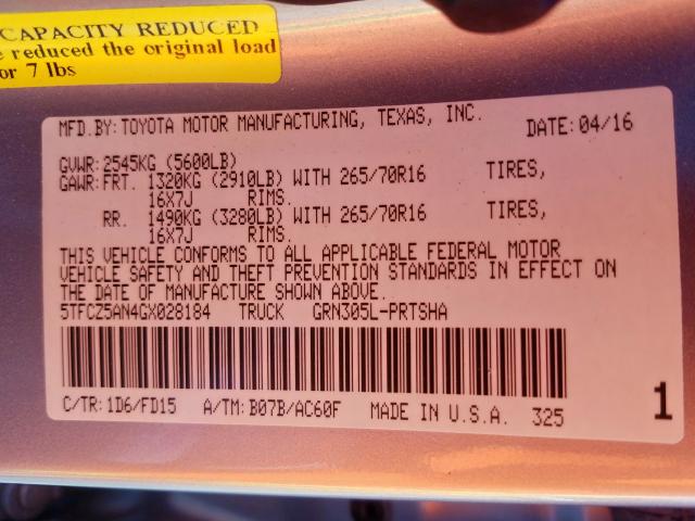 5TFCZ5AN4GX028184 - 2016 TOYOTA TACOMA DOUBLE CAB  照片 10