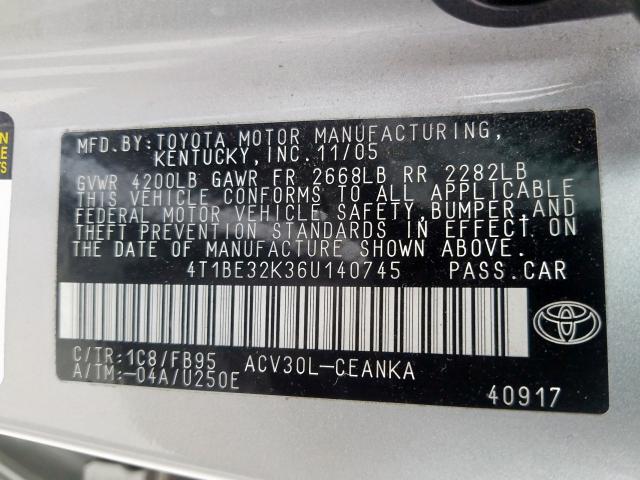 4T1BE32K36U140745 - 2006 TOYOTA CAMRY LE  photo 10
