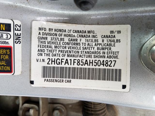 2HGFA1F85AH504827 - 2010 HONDA CIVIC EX  photo 10