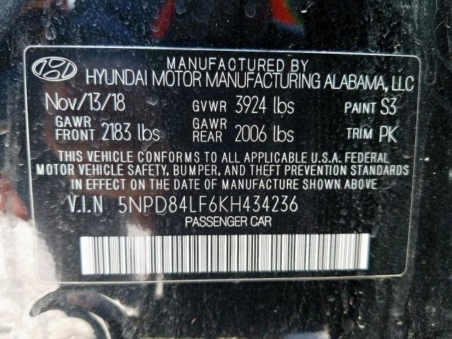 5NPD84LF6KH434236 - 2019 HYUNDAI ELANTRA SEL  photo 10