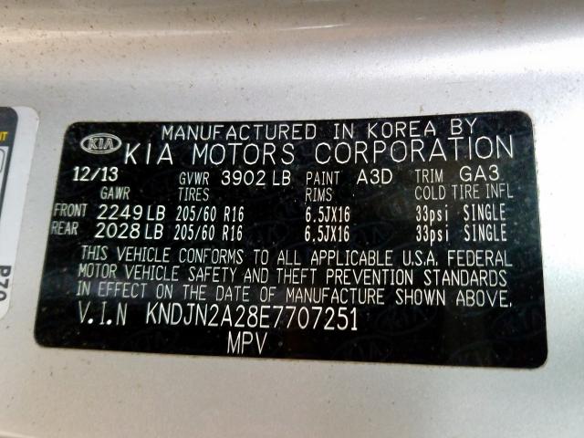 KNDJN2A28E7707251 - 2014 KIA SOUL  photo 10