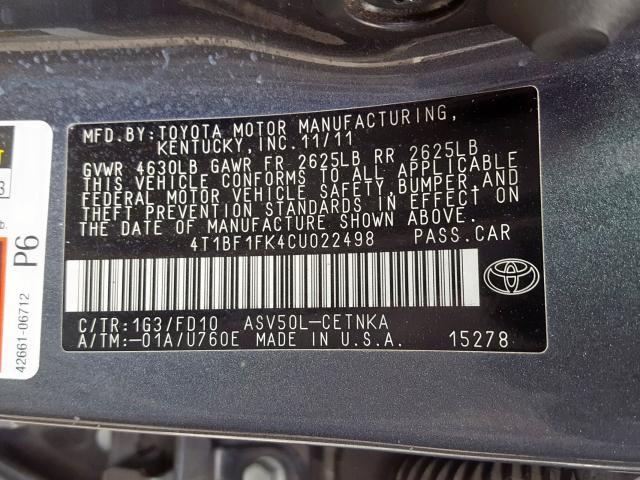 4T1BF1FK4CU022498 - 2012 TOYOTA CAMRY BASE  photo 10