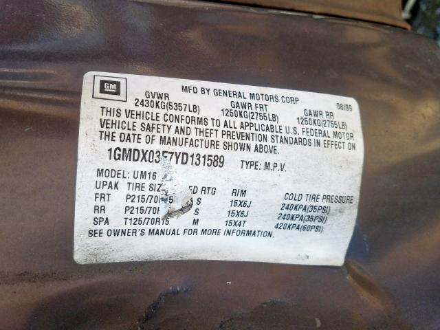 1GMDX03E7YD131589 - 2000 PONTIAC MONTANA  photo 10