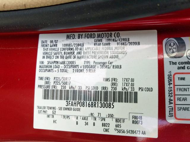 3FAHP08168R130085 - 2008 FORD FUSION SEL  photo 10