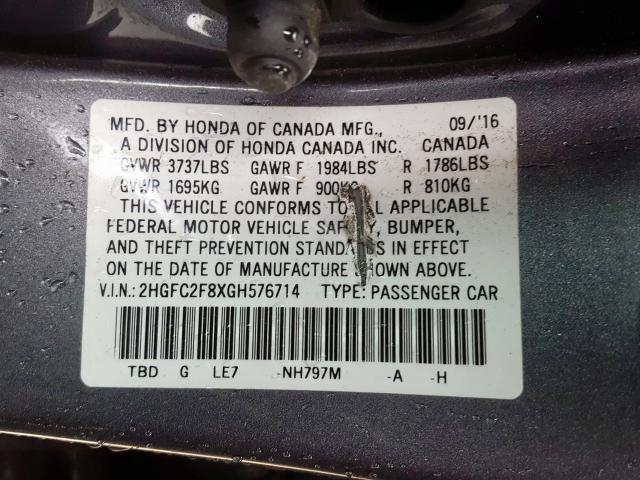 2HGFC2F8XGH576714 - 2016 HONDA CIVIC EX  photo 10