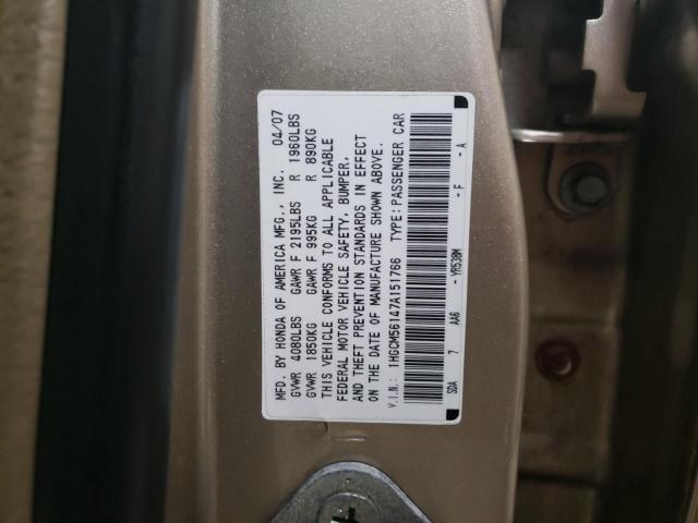 1HGCM56147A151766 - 2007 HONDA ACCORD VALUE TAN photo 10