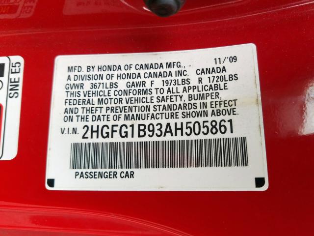 2HGFG1B93AH505861 - 2010 HONDA CIVIC EXL  照片 10