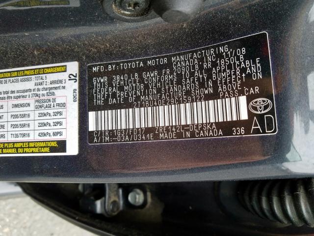 2T1BU40E29C159122 - 2009 TOYOTA COROLLA BASE  照片 10