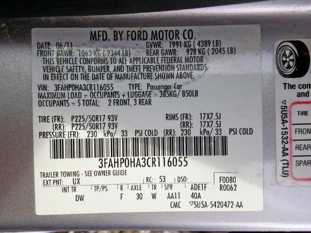 3FAHP0HA3CR116055 - 2012 FORD FUSION SE  photo 10