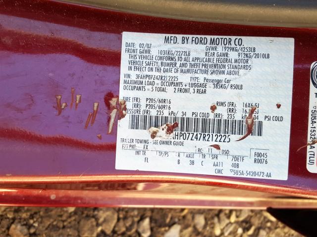 3FAHP07Z47R212225 - 2007 FORD FUSION SE  photo 10