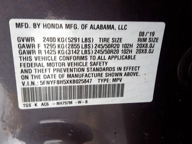 5FNYF8H5XKB025847 - 2019 HONDA PASSPORT EXL  صورة 10