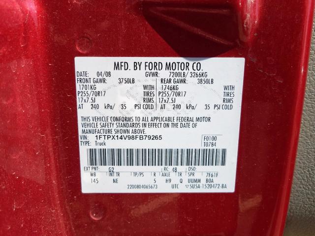 1FTPX14V98FB79265 - 2008 FORD F150  photo 10