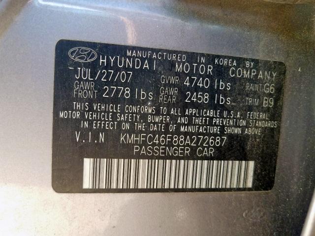 KMHFC46F88A272687 - 2008 HYUNDAI AZERA SE  photo 10